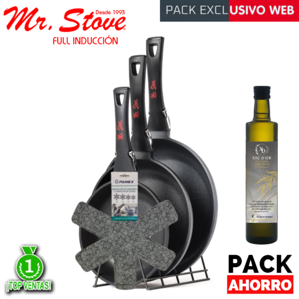 Pack Ahorro 3 Sartenes 20, 24 y 28 cm + aceite + 5 protectores