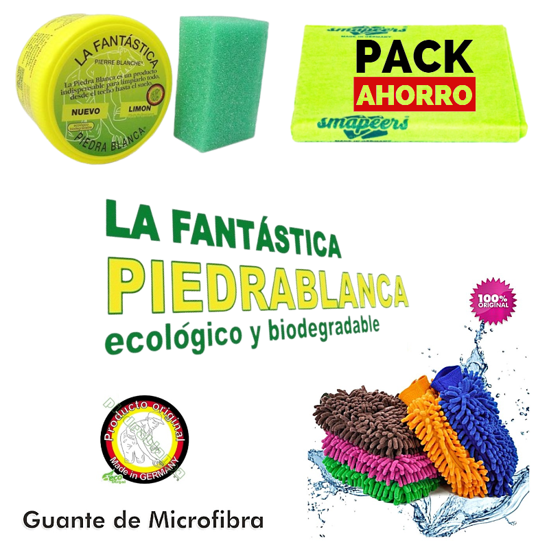 Pack Fantástica Piedra Blanca 600 gr + Esponja, Bayeta y Guante
